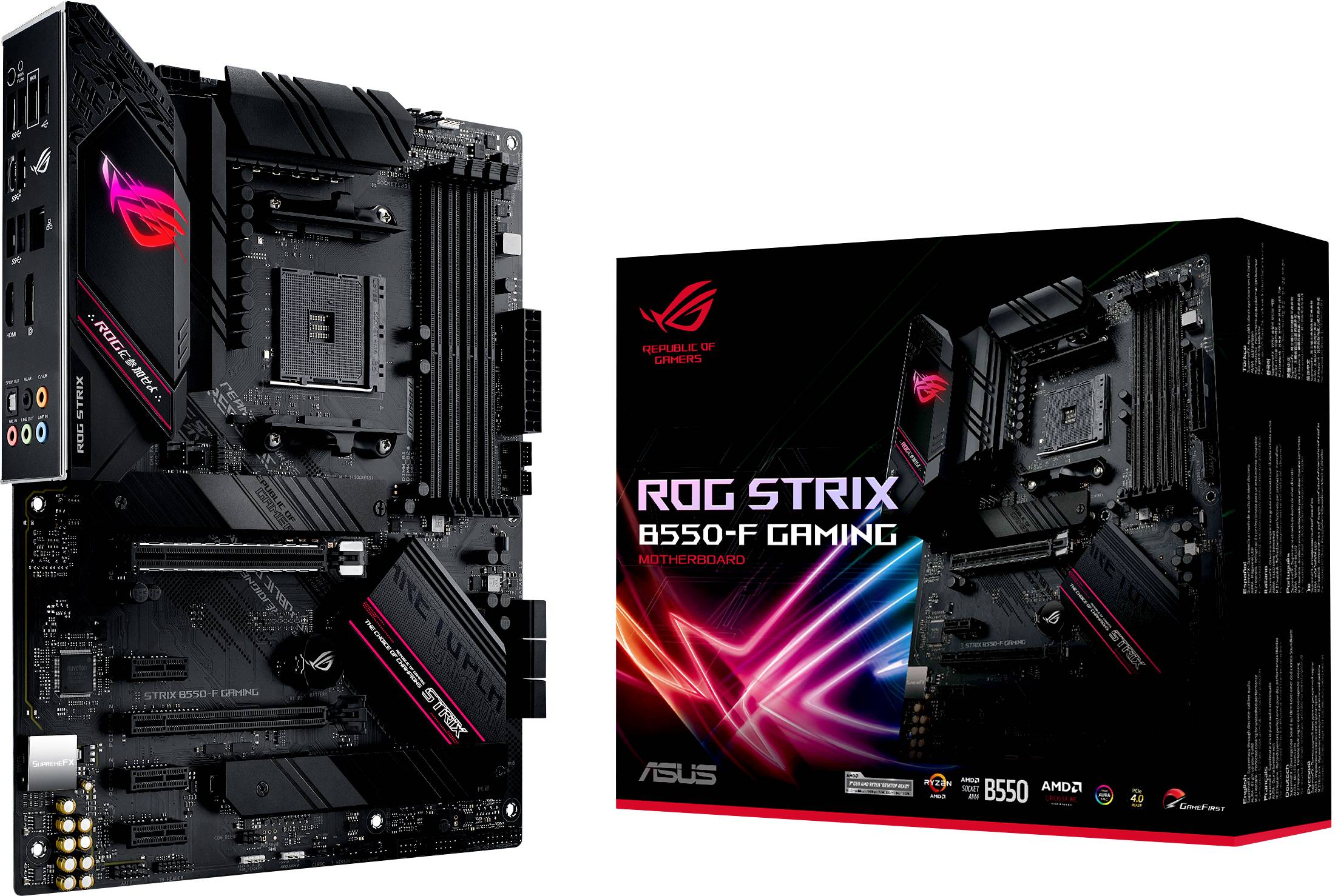 Moderkort och förpackning för 'ROG STRIX B550-F Gaming' från ASUS visas. Innehåller detaljer som anslutningar och RGB-belysning.