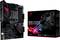 Moderkort och förpackning för 'ROG STRIX B550-F Gaming' från ASUS visas. Innehåller detaljer som anslutningar och RGB-belysning.