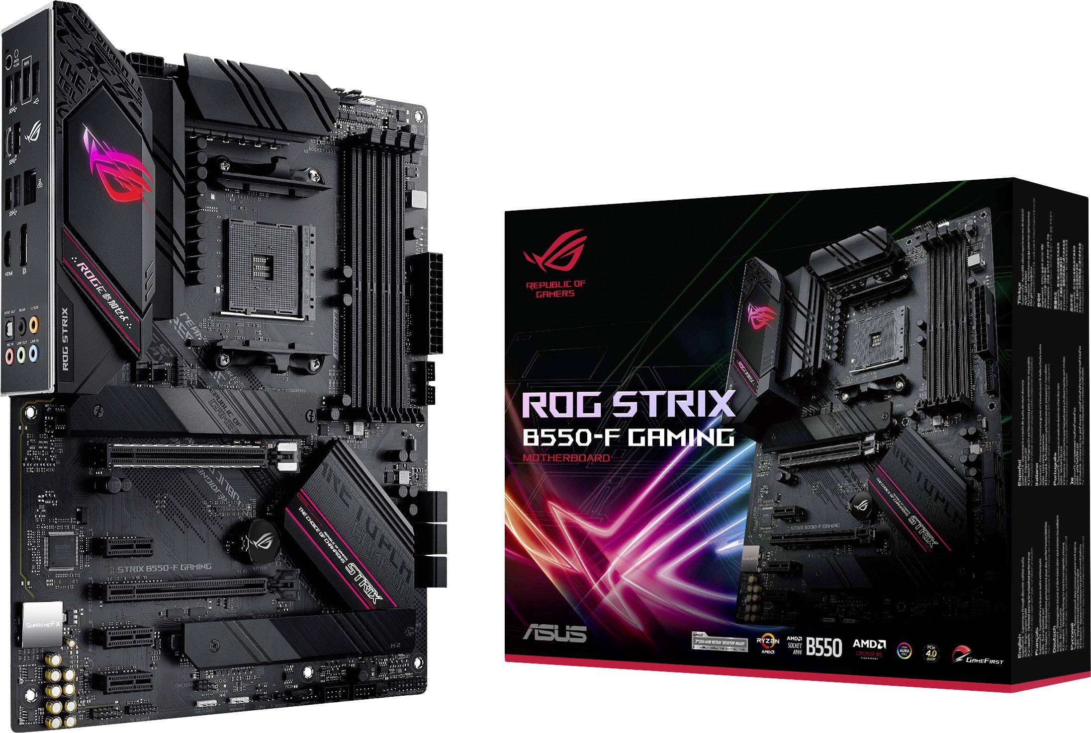 Moderkort Asus ROG Strix B550-F Gaming bredvid sin förpackning, svart design med röda accenter, lämpligt för speldatorer.