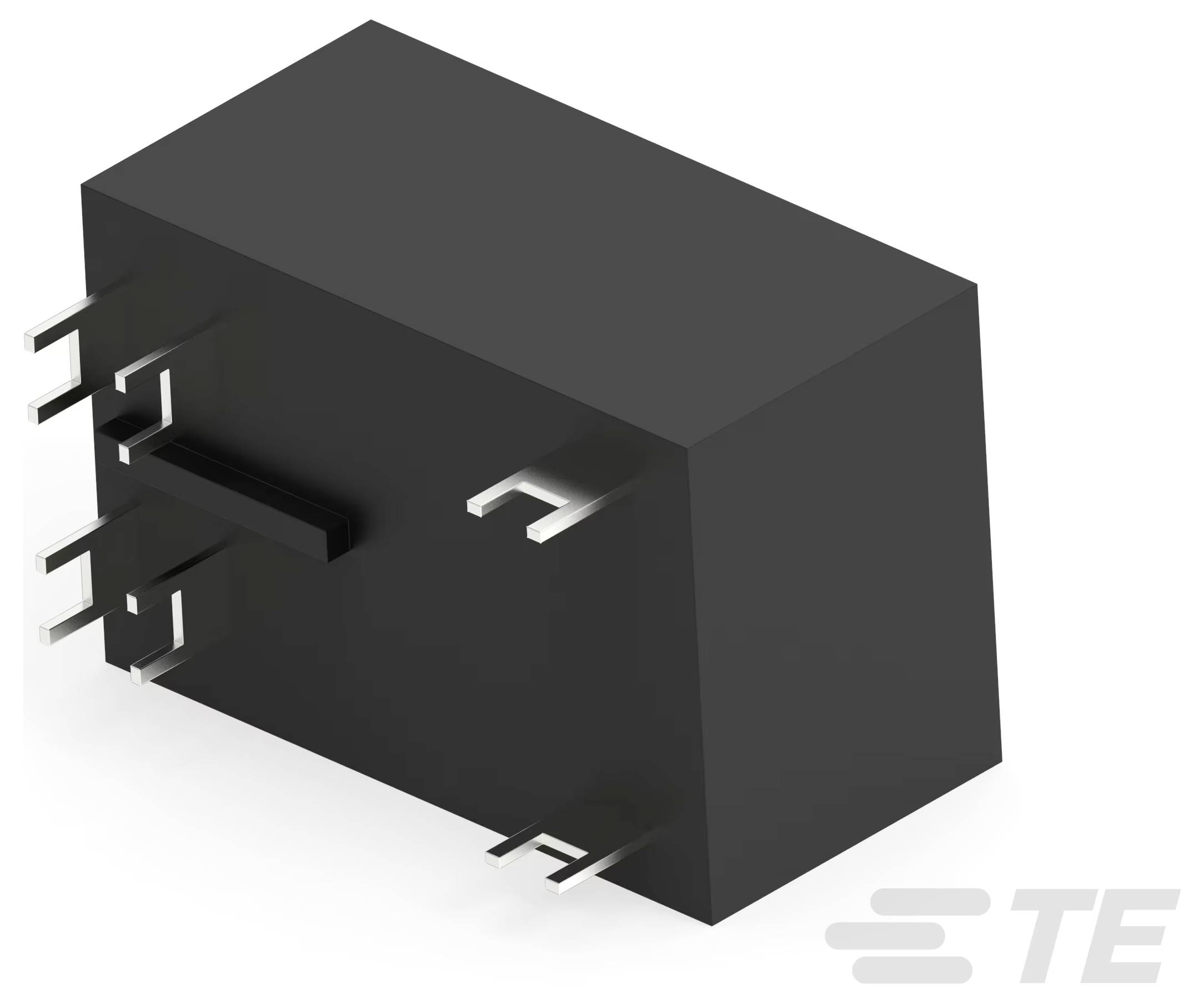 En 3D-modell av en rektangulär svart elektronisk komponent med metalliska stift, troligen ett relä, som visar logotypen TE i nedre högra hörnet.