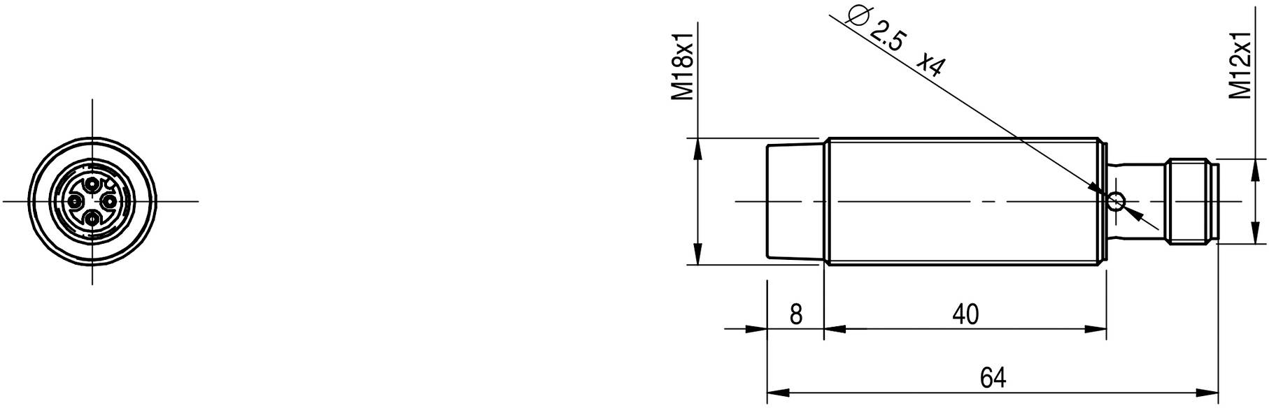 Teknisk ritning av en cylindrisk sensor med mått: Längd 64 mm, diameter M18x1, feature M12x1, hål Ø2,5 x4.