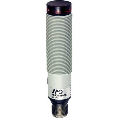 Cylindrisk sensor med grått hölje, svart bas och röd ring överst. Märkningar: 'FA3/BP-OE', 'LOT: 1017'.