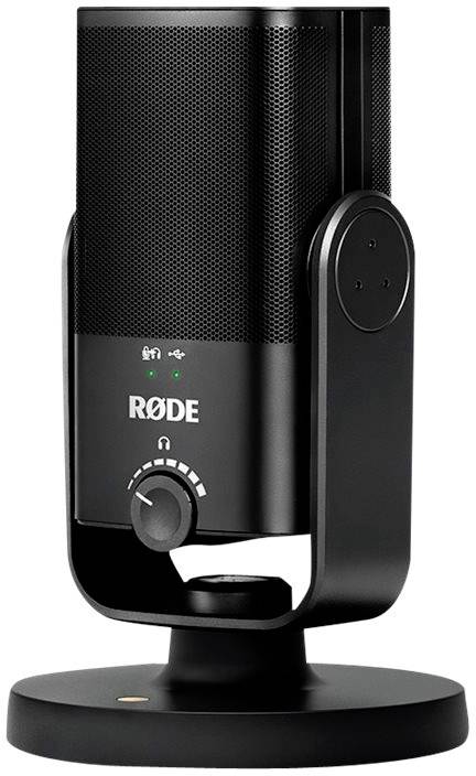 Svart USB-mikrofon på stativ, lämplig för poddsändning. Volymreglage med vred synligt framtill.