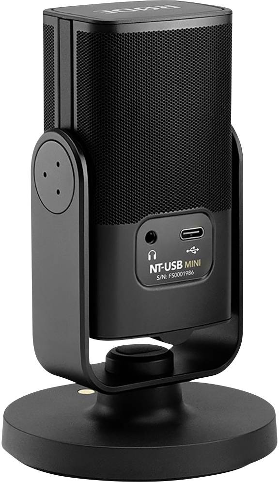 Svart USB-mikrofon på stativ med sidoanslutning och reglage. Lämplig för inspelning och poddsändning.