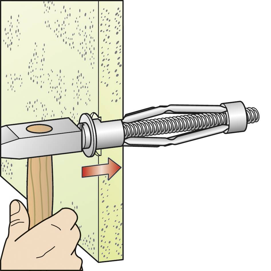 En hand drar en fällplugg genom väggen för att fästa den. En röd pil visar dragningsriktningen.