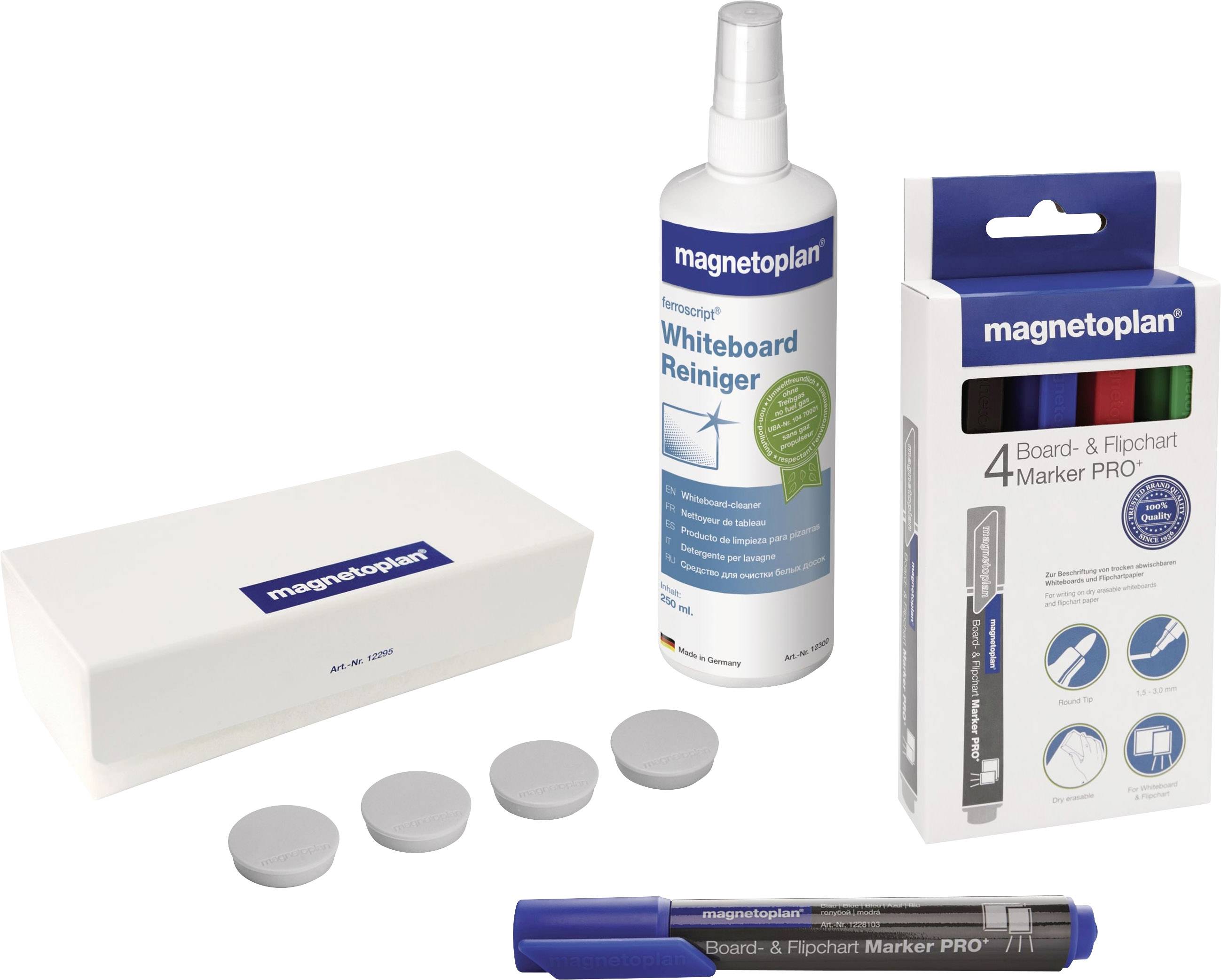 En set bestående av whiteboardrengöring, en förpackning med tavl- och flipchartpennor i olika färger, en taveltorkare och magneter.