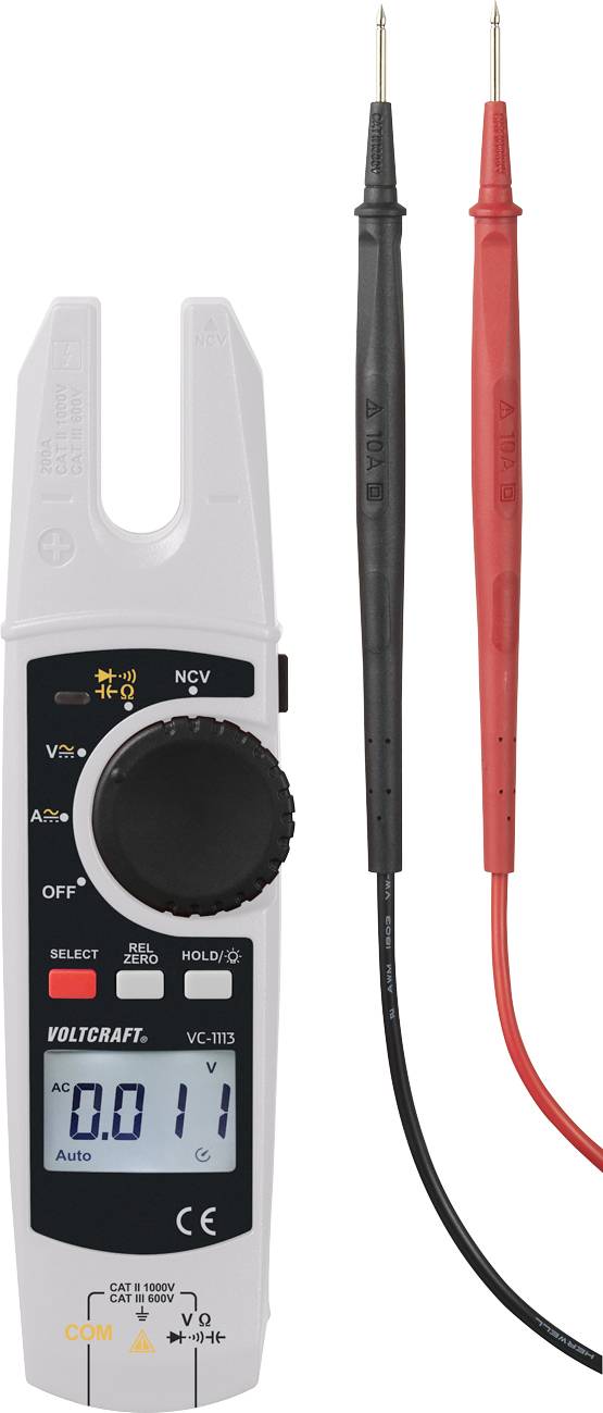 Digitalt multimeter med röd och svart mätkabel. LCD-displayen visar '0,01V'. Huvudströmbrytare och symboler för AC/DC samt inställningar synliga.