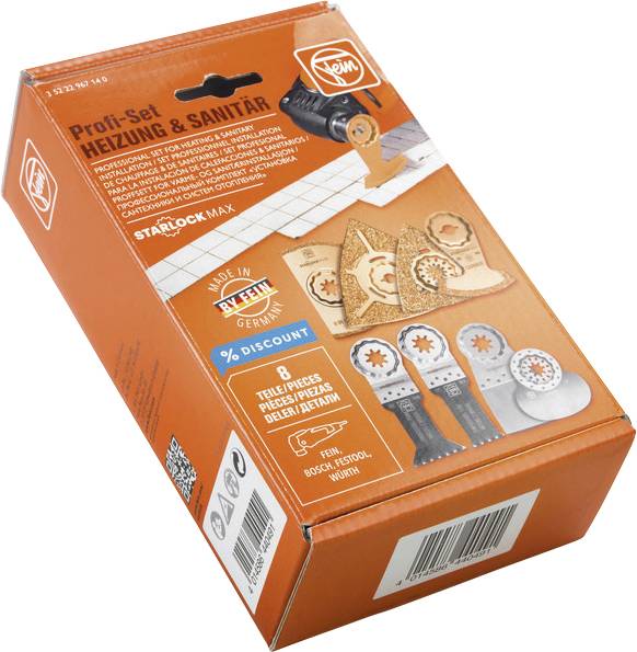Låda med text 'Proffssats Värme & Sanitet', visar bild av verktyg. Innehåller sågblad och adaptrar för specialverktyg.