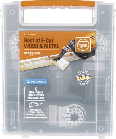 Verktygsväska med E-Cut-sågblad för trä och metall, kompatibel med Bosch, Festool och andra märken. Innehåller 6 delar.