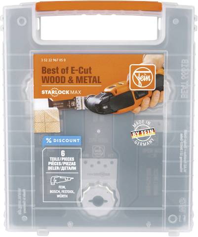 Trägväska med orange etikett för 'Fein E-Cut' sågblad, lämplig för trä och metall. Innehåller 6 delar, erbjuder rabatt.