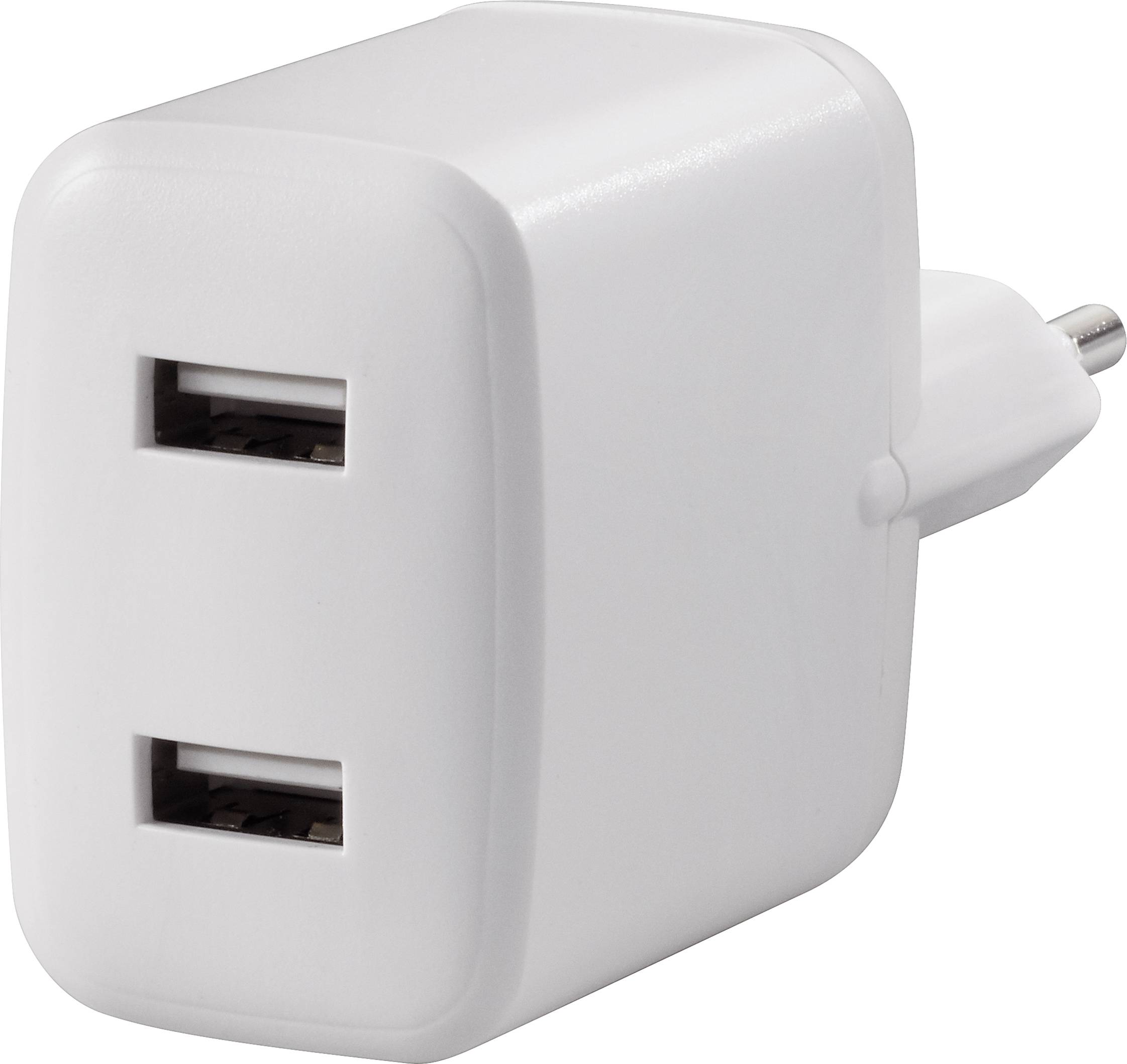 Vitt USB-nätadapter med två portar för laddning av elektroniska enheter.