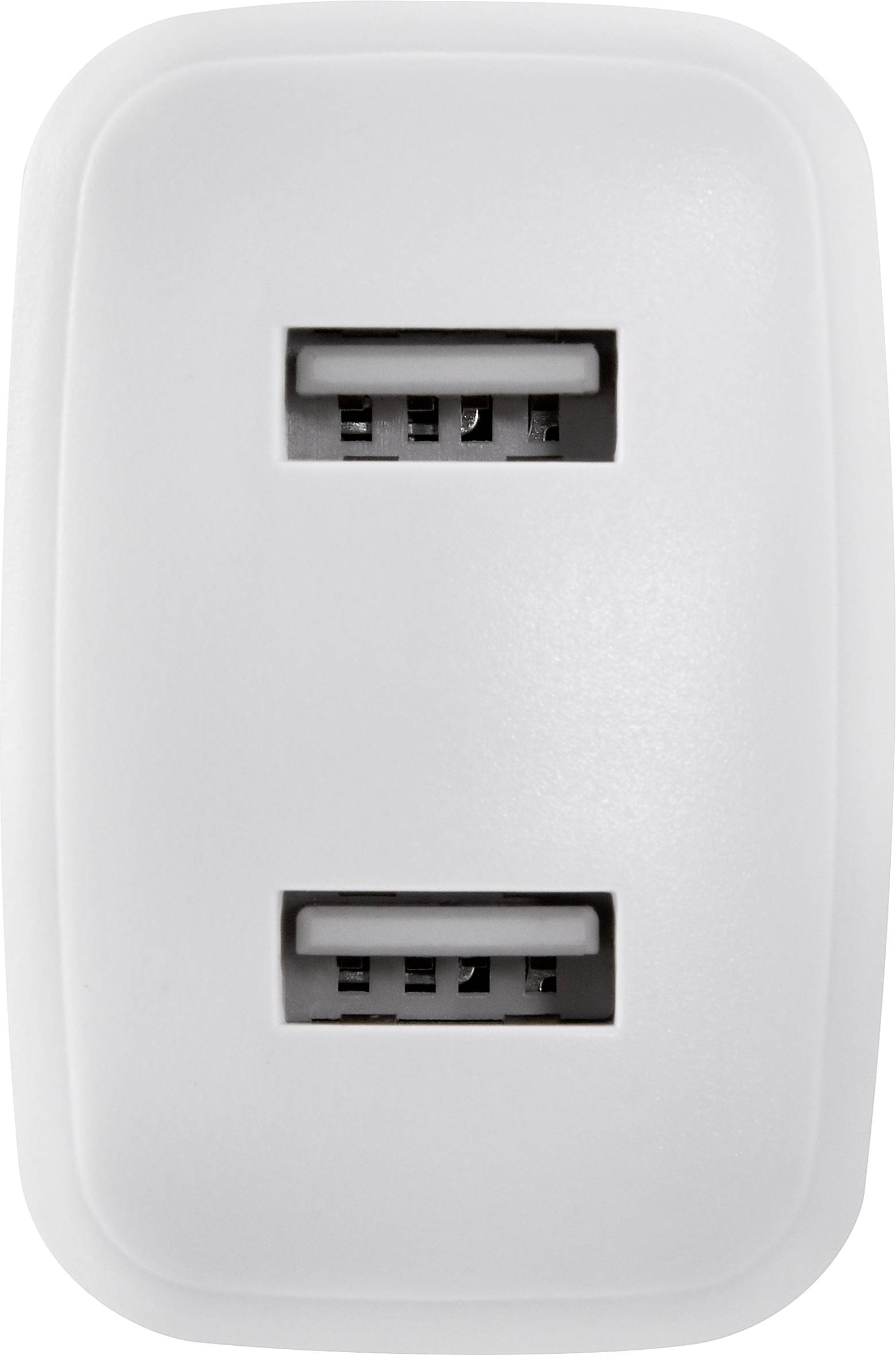 En vit USB-kontakt med två USB-portar för laddning av elektroniska enheter.