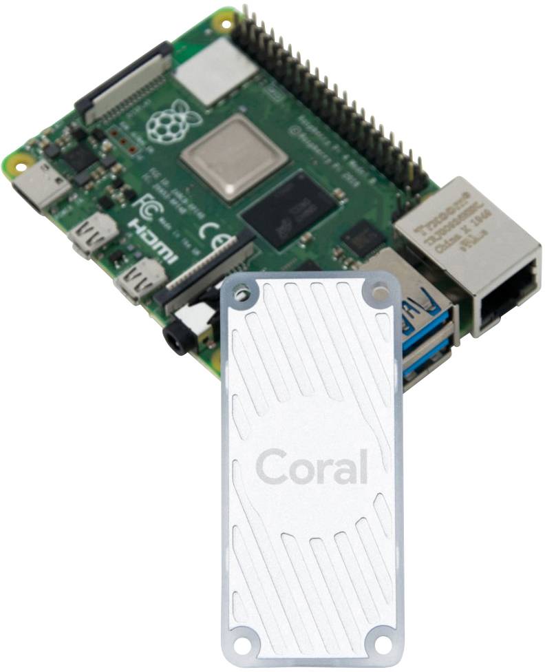 En grön kretskort, sannolikt en Raspberry Pi, med en vit Coral-komponent placerad på den.