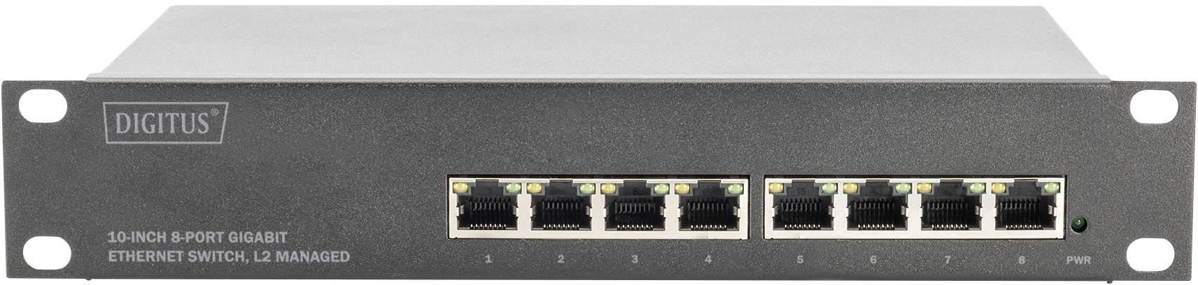 En 8-ports Gigabit Ethernet-switch från Digitus, L2-hanterad, med alla anslutningar på framsidan. Lämpad för nätverkshantering.