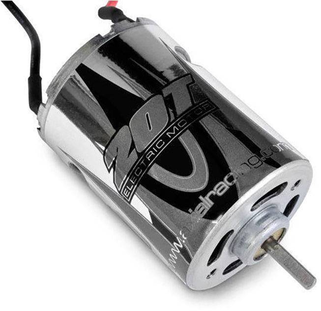 En silverfärgad, cylindrisk elmotor märkt '20T Electric Motor', lämplig för modelfordon, fotograferad uppifrån.