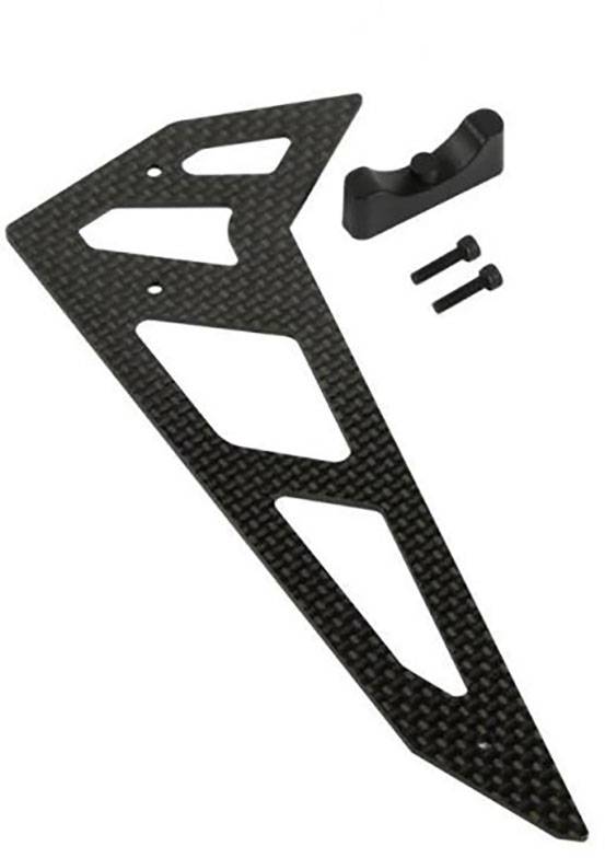 En svart, triangulär kolfiber del med flera urtag, bredvid två skruvar och en liten svart fäste.