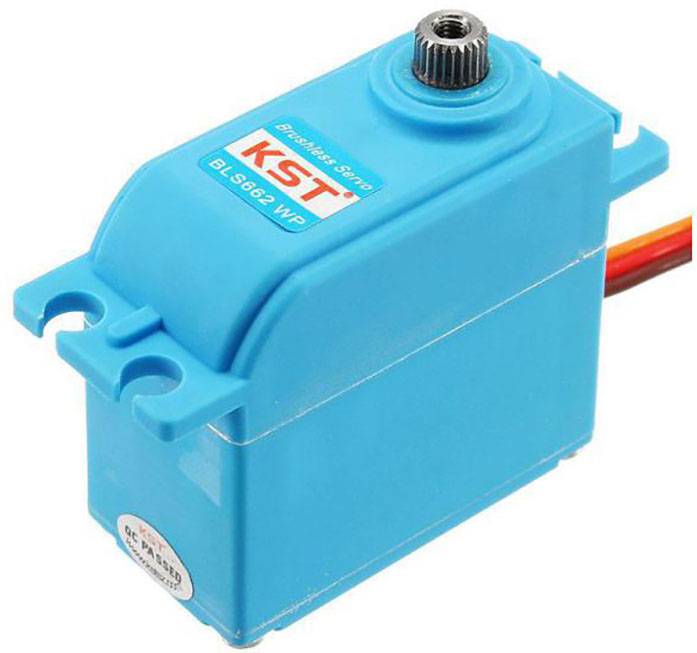 En blå servomotor med texten 'KST BL S 662 WP' överst. Enheten har kablar på höger sida.