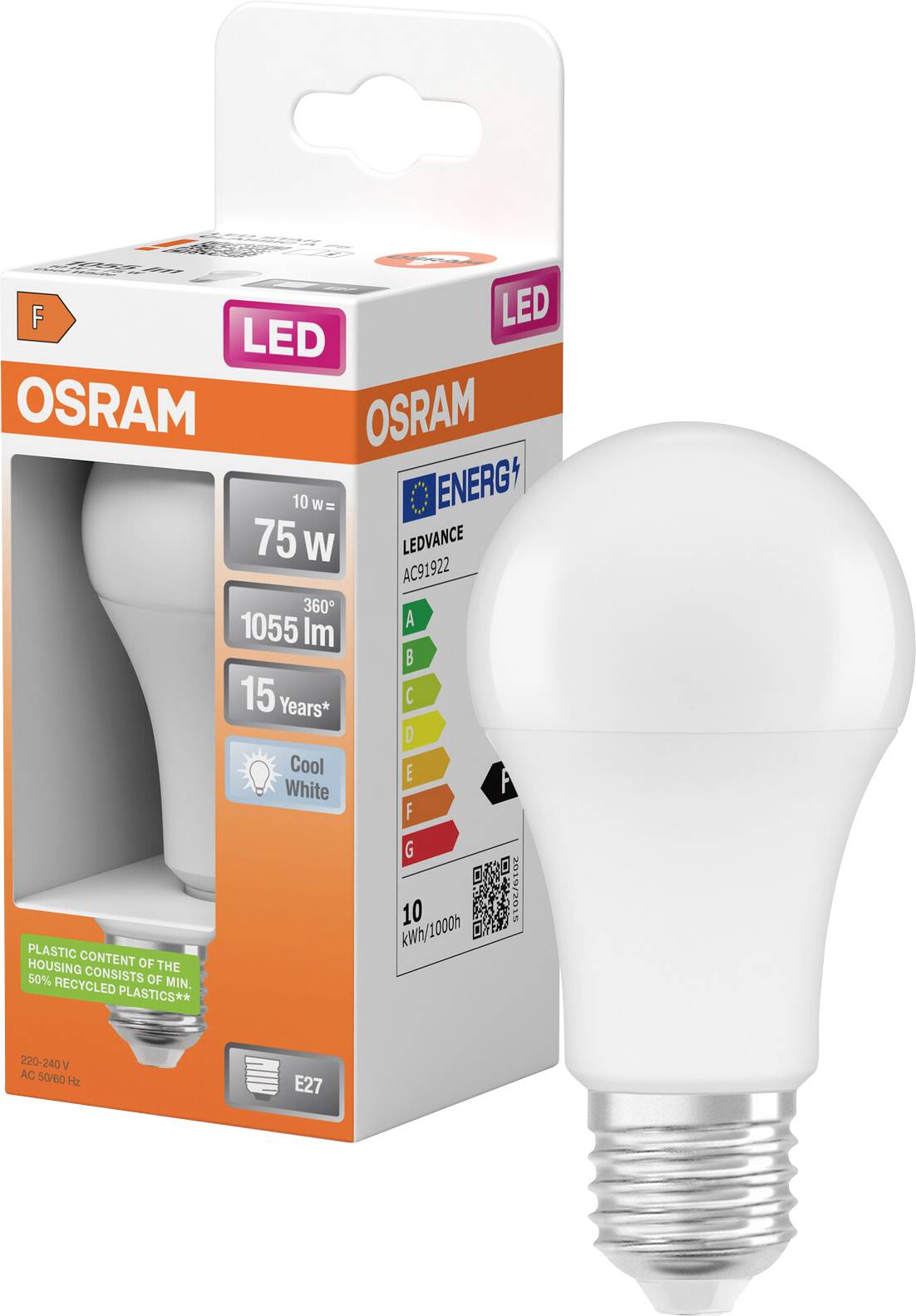 OSRAM LED-lampa med förpackning, märkt 75W motsvarighet, 10W, 1055 lm, kallvit, E27-sockel.