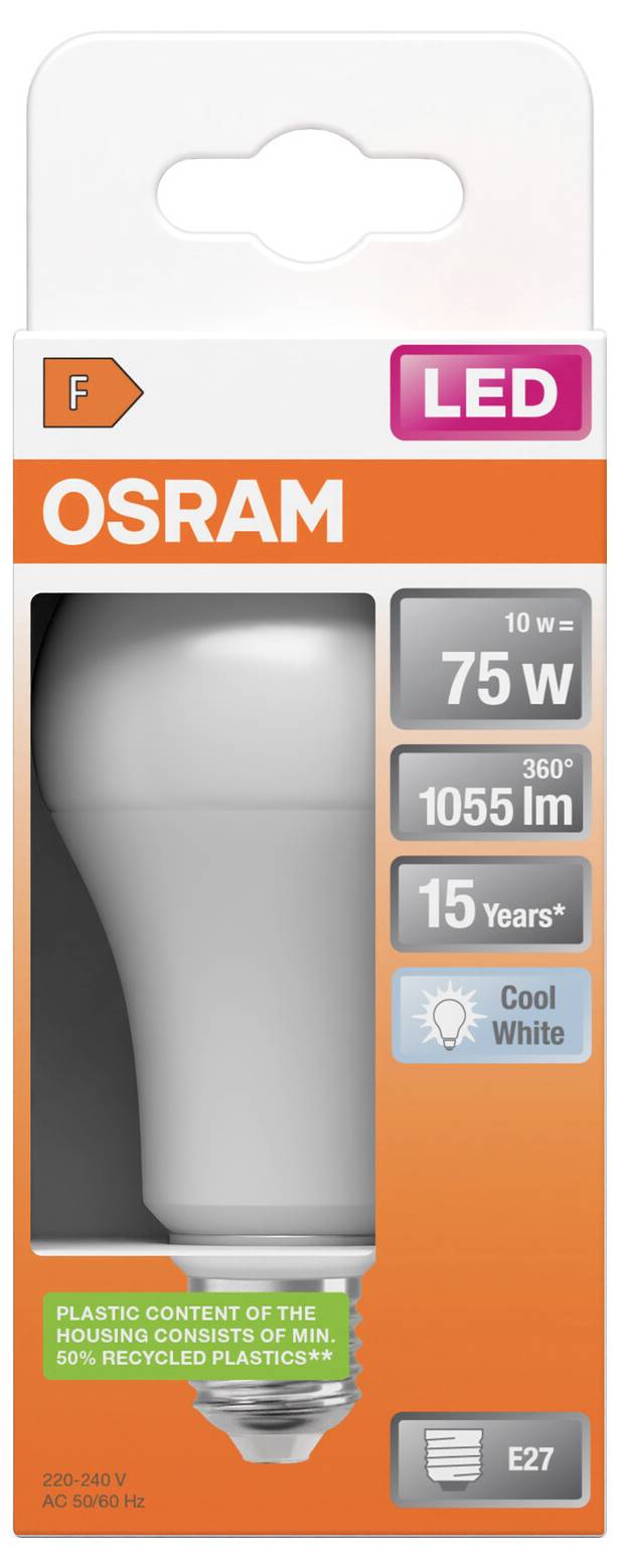 OSRAM LED-ljuskulor paket, som visar 10 W = 75 W, 1055 lm, 15 år, kallvit, E27-sockel.