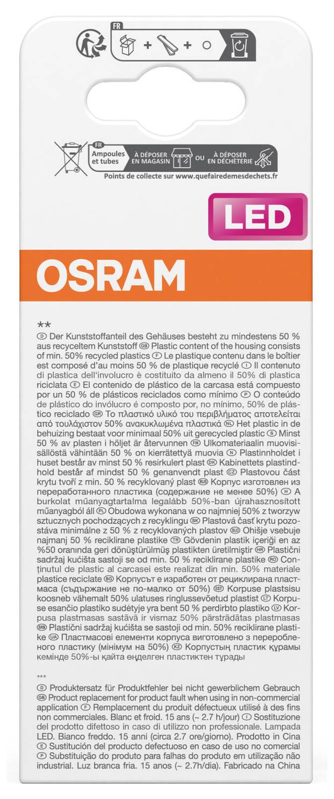 OSRAM LED-glödlampa förpackning med rosa "LED"-etikett, återvinnningssymboler och flerspråkig produktinformation på en vit och orange låda.