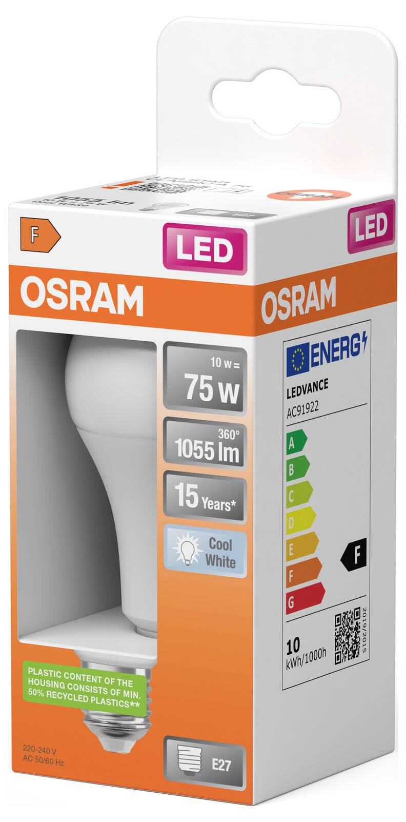 OSRAM LED-lampa förpackning i orange och vit, visar 75W motsvarighet, 1055 lm, kallvit, E27, och energiklassificering F.