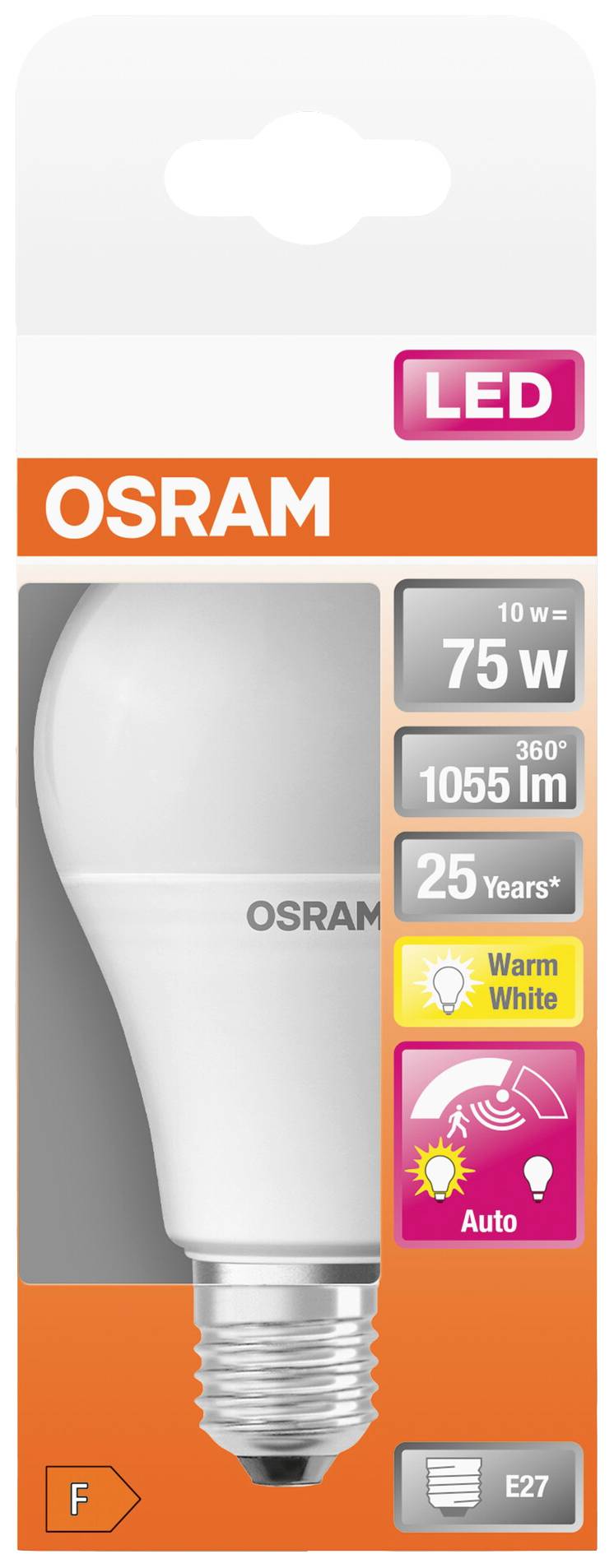 OSRAM 4058075428263 LED-lamp EEK F (A - G) E27 Päronform 10 W = 75 W Varmvit inkl. rörelsesensor 1 st