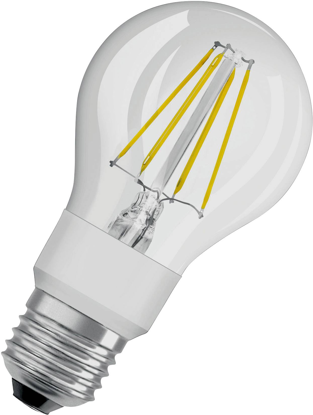En LED-glödlampa med synliga gula filament och en skruvfattning.