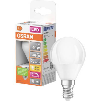OSRAM LED-lampa i detaljhandelspackning, märkt 40W motsvarighet, 470 lm, varm vit, dimbar, E14-sockel, med energibetygning och 25 000 timmars livslängd.