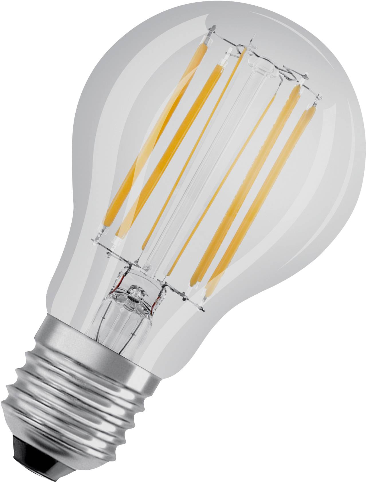 En klar LED-glödlampa med typisk form; de lysande filamentena inuti är synliga.