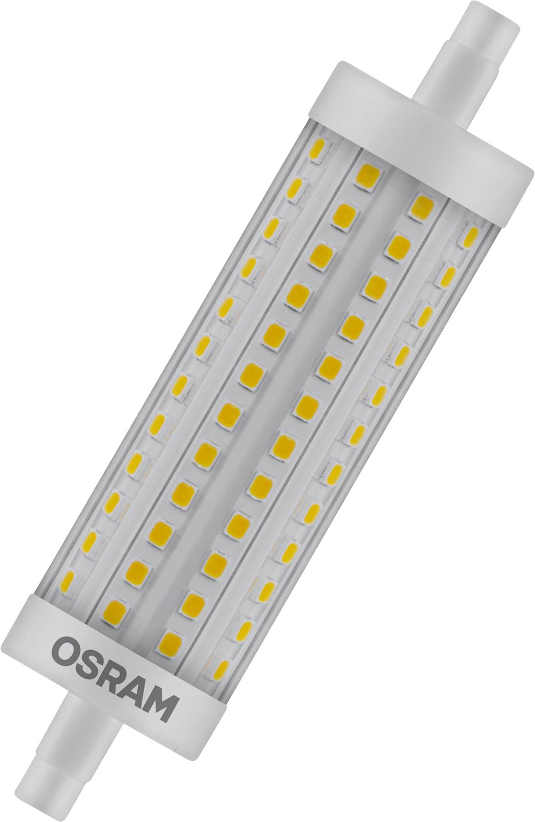LED-lampa från OSRAM med cylindrisk form och lysande gula dioder på grå bakgrund.