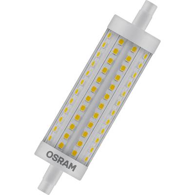 LED-lampa från OSRAM med cylindrisk form och lysande gula dioder på grå bakgrund.