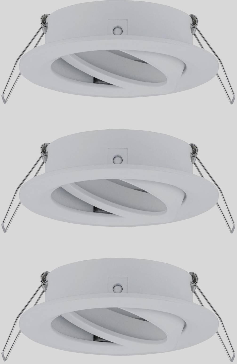 Tre runda, vita infällda LED-spotlights med vridbar innerring. Lämpliga för takmontering, ger måttlig till intensiv belysning.