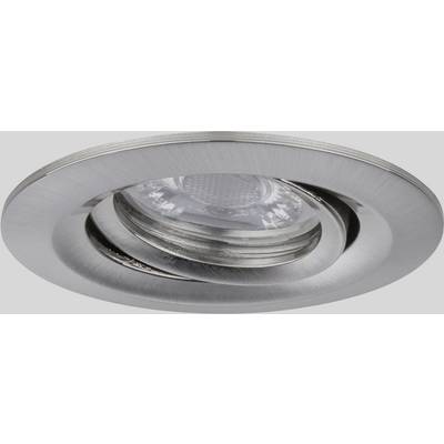 Infälld armatur med rund metallram och central LED-spot. Ytan är borstad metall i silverfärg.