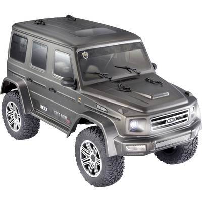 En fjärrstyrd, grå modellbil i SUV-stil med stora däck och detaljerade strålkastare.
