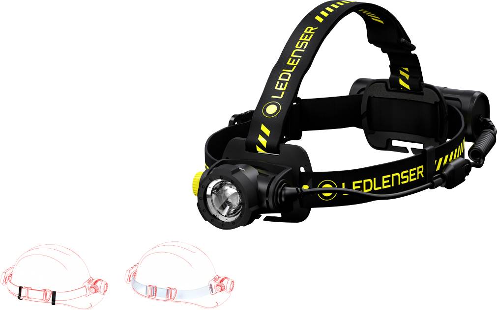 Pannlampa från märket 'Ledlenser' med en gul logotyp på bandet, bredvid illustreras alternativ för huvudlampa och hjälmbelysning.