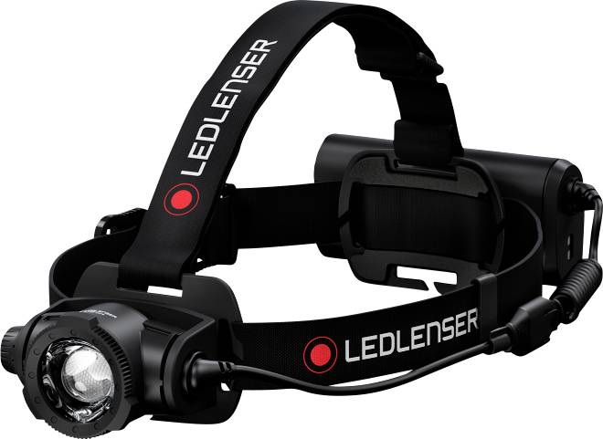 Svart LEDLENSER pannlampa med justerbar rem och framstrålkastare, visad mot en vit bakgrund.