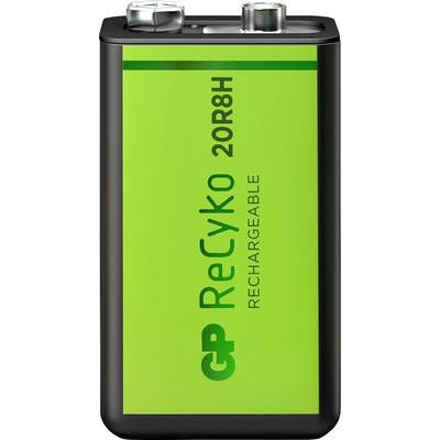 En grön återuppladdningsbar GP ReCyko 9V-batteri.