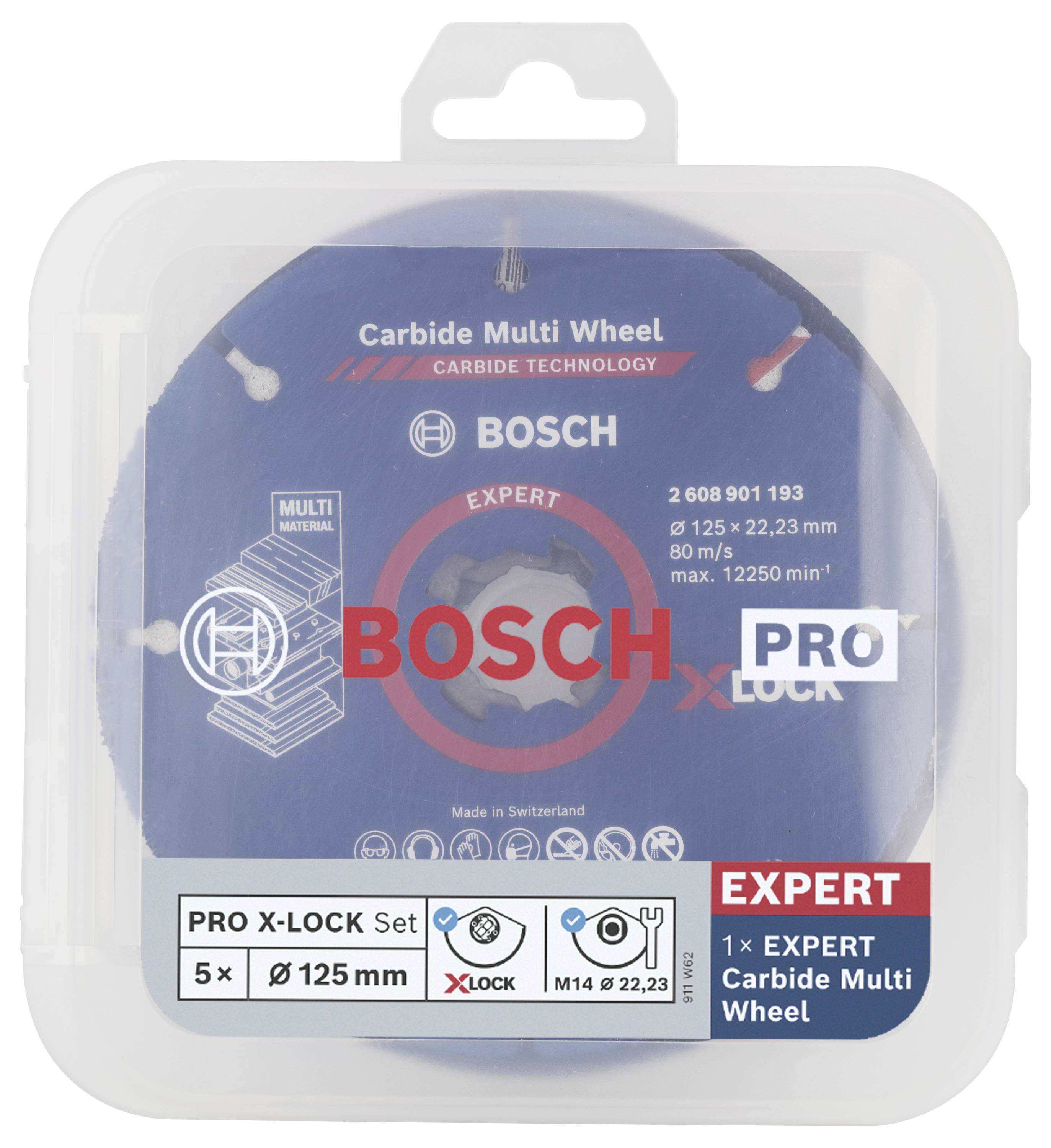 Förpackning av en 'BOSCH PRO X-LOCK' Expert Multimaterial-kapskiva, 125 mm diameter, lämplig för metall och trä, 5-pack.