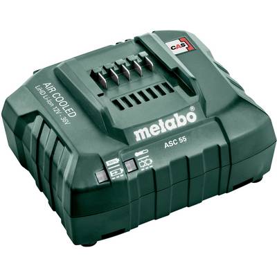 'Metabo ASC 55' laddare, grön, med CAS-teknik, luftkyld funktion, LED-indikatorer för laddningsstatus, kompatibel med litiumjon.