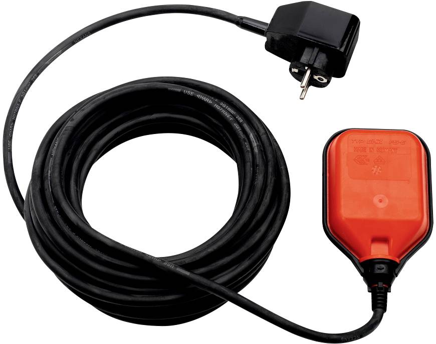 Flottörbrytare med långt kabel, svart kontakt och orange sensor, för vattennivåkontroll i tankar och behållare.