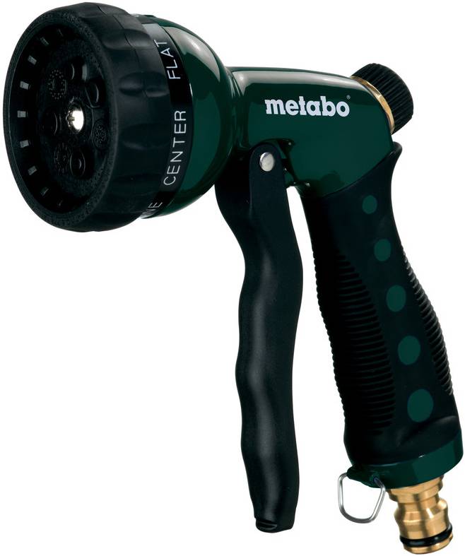 Grön Metabo handhållen roterande sprinklerrät med svart grepp och justerbar framskiva på vit bakgrund.