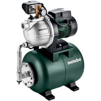 Metabo elektrisk vattenpump med tryckbehållare och tryckmätare, visas som en produktfoto på vit bakgrund.