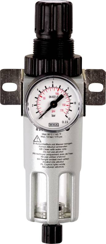 Tryckregulatorer med manometer, visar skala i bar. Lämplig för inställning och indikering av lufttryck i pneumatiska system.