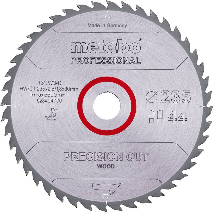 Cirkulär Metabo Professional precisionsklippssåg för trä, 235 mm diameter med 44 tänder och röd centerring, märkt Made in Germany.