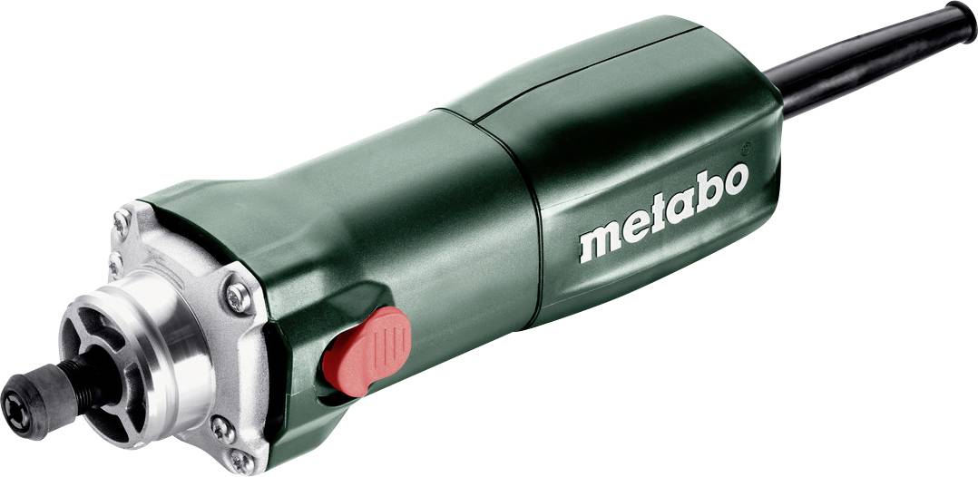 Grön Metabo elektrisk dörrstål med svart nätsladd och röd strömbrytare, visad på en vit bakgrund.