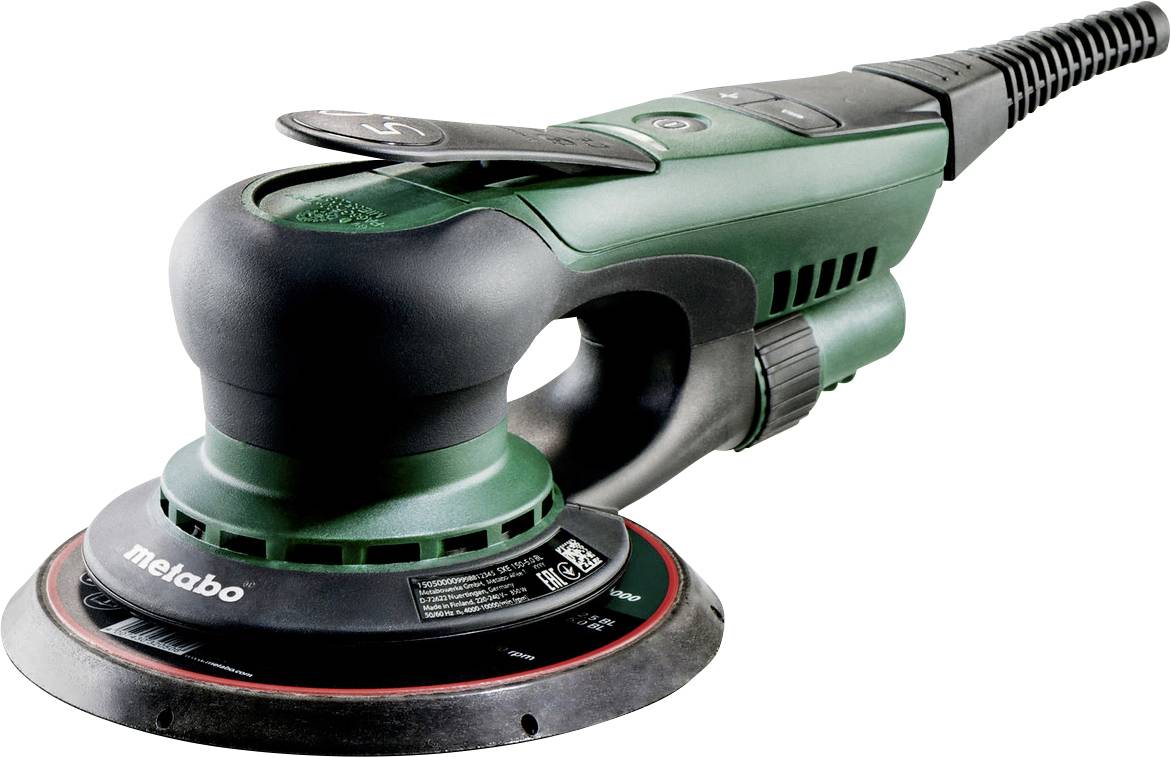 Grön Metabo elektrisk slipmaskin med slumpmässig orbital rörelse, svart handtag och rund slipputa på vit bakgrund.