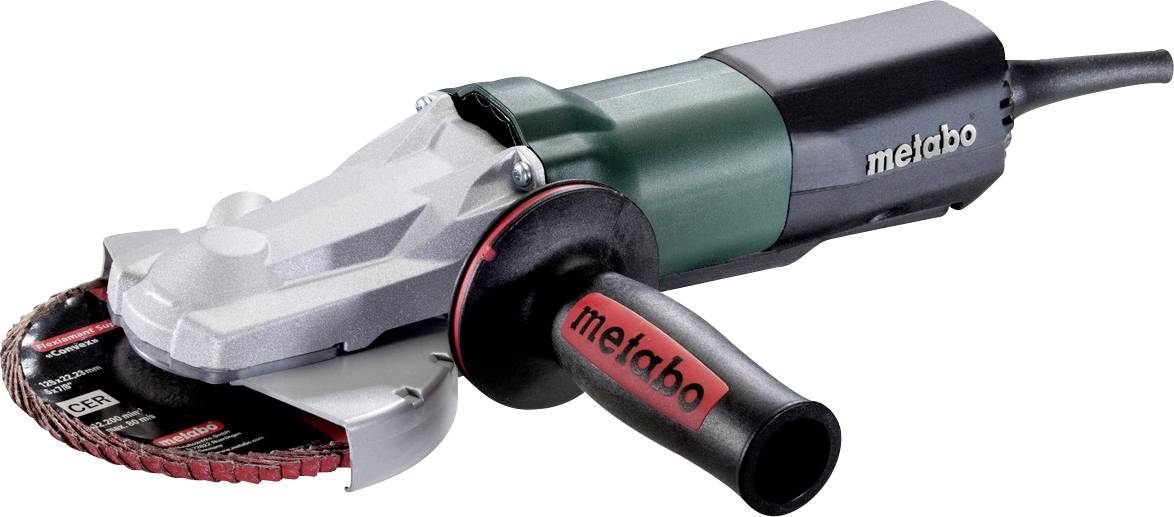 Metabo vinkelslipar med sidhandtag och skärskiva, visad på vit bakgrund.
