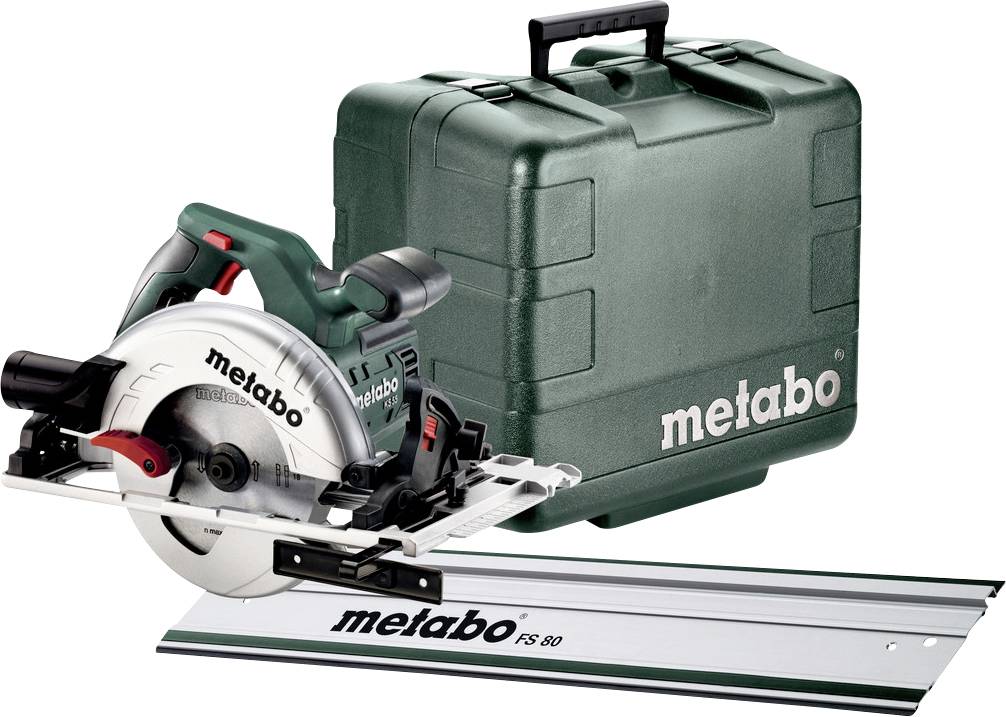 Metabo-cirkelsaw med grön bärväska och styrskenor, visad mot vit bakgrund.