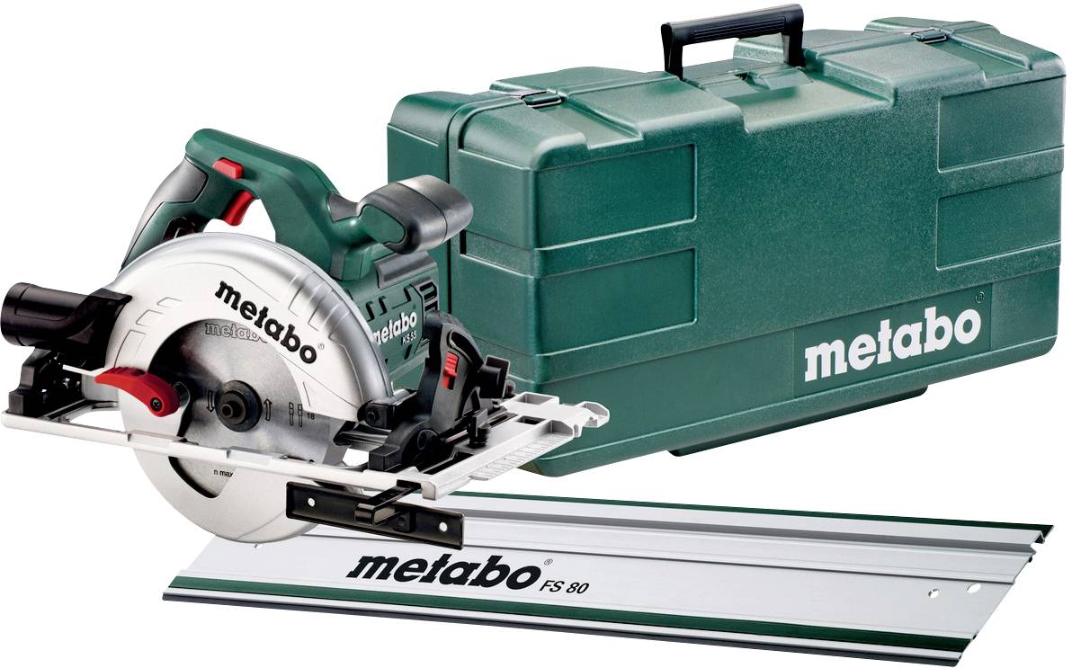 Kapsåg från Metabo, modell KS 55 FS, med styrskena och grön bärväska. Idealisk för precisa träsnitt.