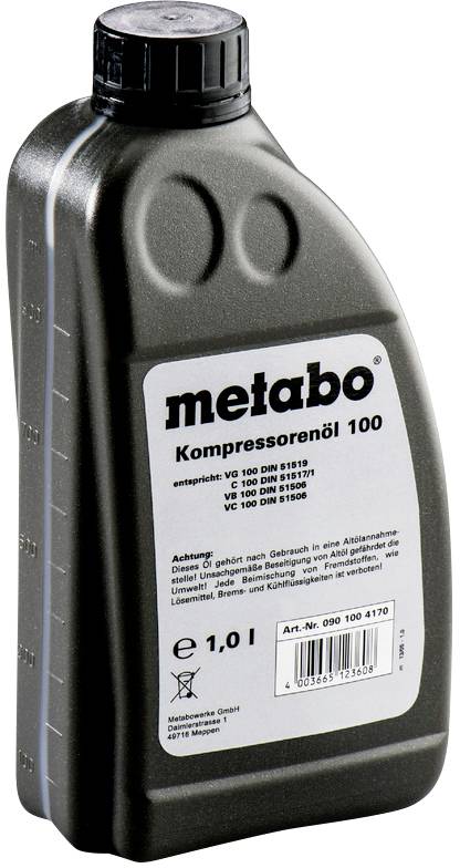 Flaska med 1 liter Metabo kompressorolja 100 för kompressorer. Etiketten visar produktnamn, specifikationer och varningsanvisningar.